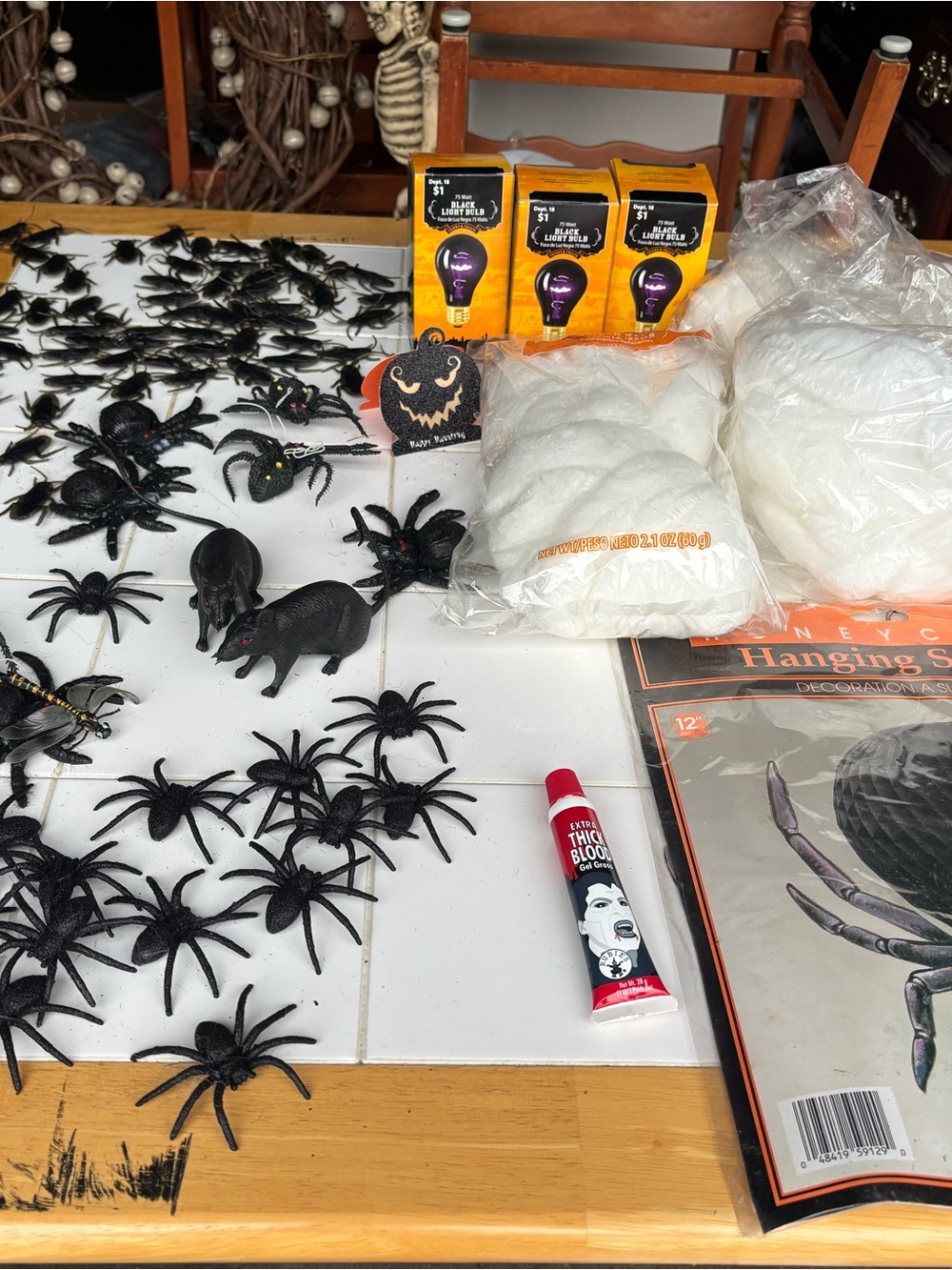 Halloween Decor Kit -Spiders & Mice, Spider Webs, Black Light Bulbs, Mask & More